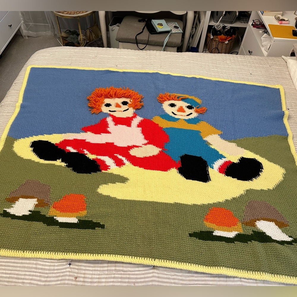 Raggedy Ann & Andy Tunisian crochet blanket